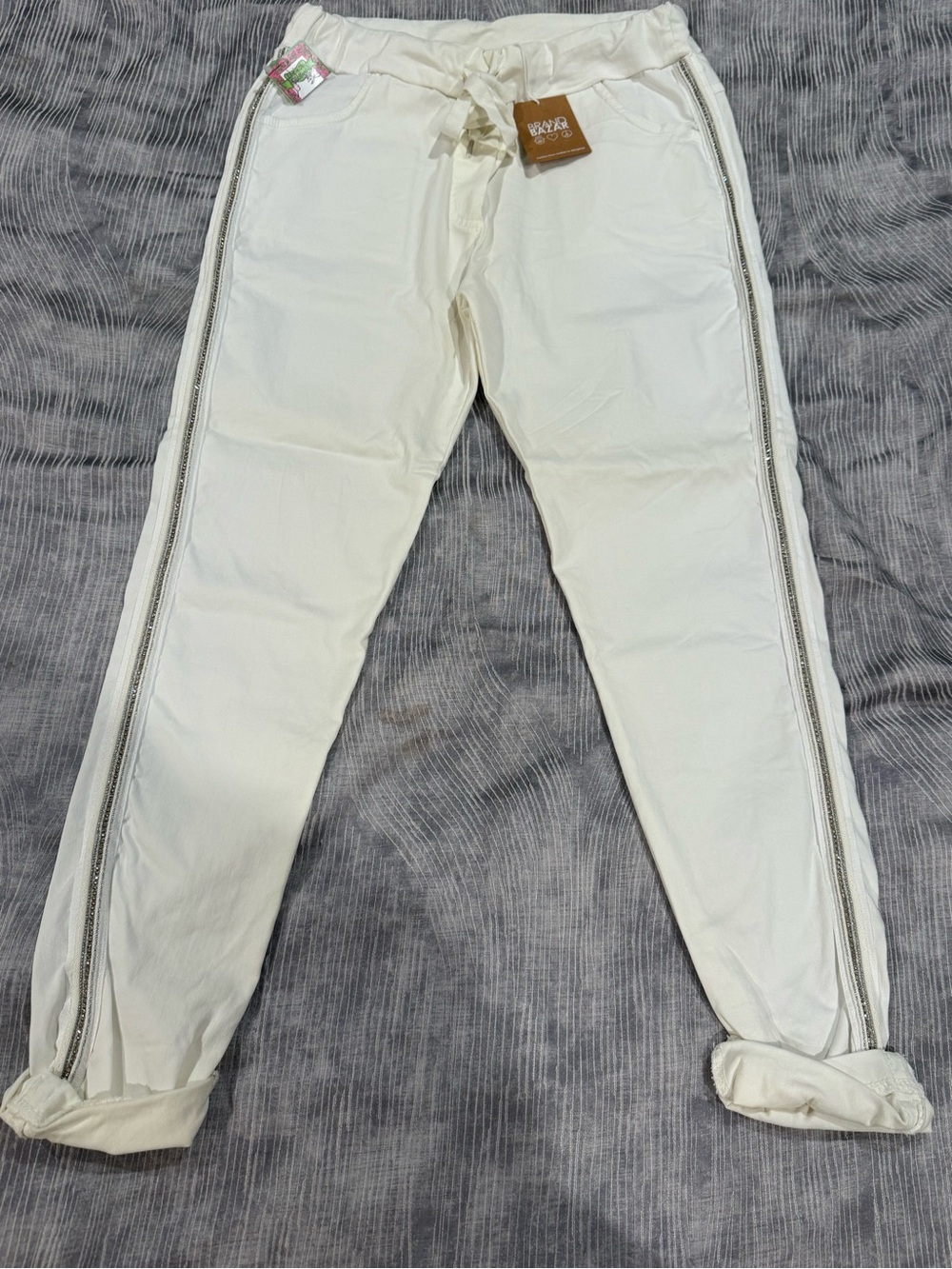 Italian pants with rhinestone trim